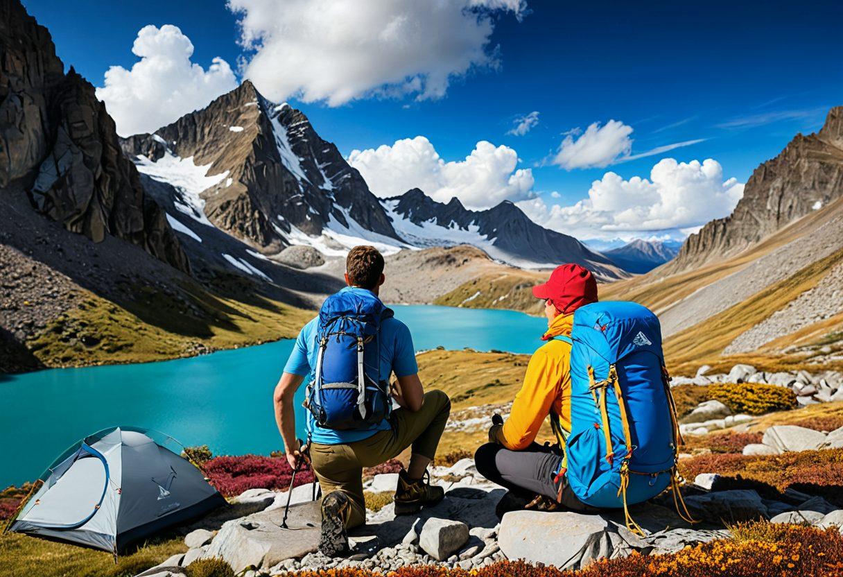 A collage of essential adventure gear including a hiking backpack, trekking poles, a durable tent, and a compass, all set against a breathtaking mountain landscape. In the foreground, a person is tying their shoelaces, ready for their journey. The sky is vibrant blue with fluffy white clouds, and the atmosphere conveys excitement and readiness for adventure. super-realistic. vibrant colors. outdoor setting.