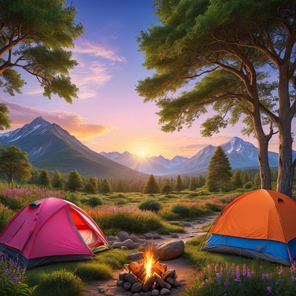 A breathtaking landscape showcasing a lush green forest with a winding hiking trail leading to breathtaking mountain views. Include a diverse group of people camping near a colorful sunset, with tents and a campfire, surrounded by wildlife like deer and birds. Highlight the serenity of nature with detailed foliage, vibrant wildflowers, and a clear blue sky. super-realistic. vibrant colors. 3D.