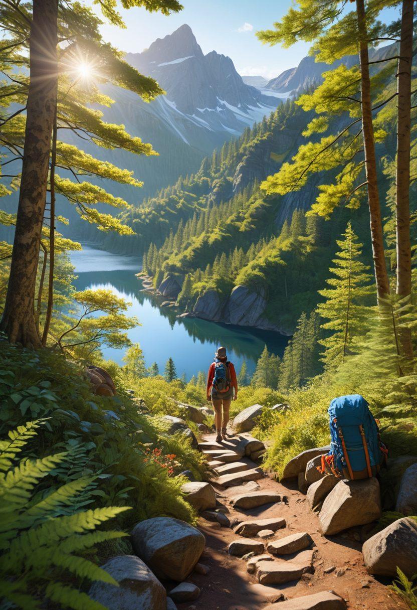 A breathtaking view of diverse scenic hiking trails winding through vibrant green forests, majestic mountains, and serene lakes under a clear blue sky. Include an adventurous hiker standing on a rocky outcrop, looking out over the landscape, with a detailed backpack and hiking gear. The scene should evoke a sense of exploration and adventure, filled with sunlight filtering through leaves. super-realistic. vibrant colors. 3D.